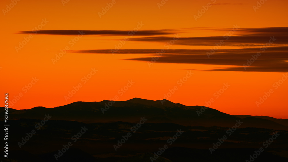 Inversion in the mountains. Gorgany seen from the Tarnica Mt in Poland. Carpathian Mountains.