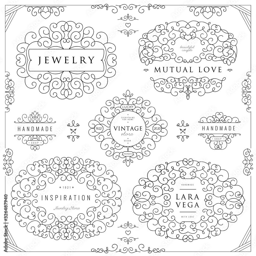 Fototapeta Collection of templates. Flourishes calligraphic ornaments and frames. Good for logos, books, jewelry, badges, postcard, banners, signes Vector illustration