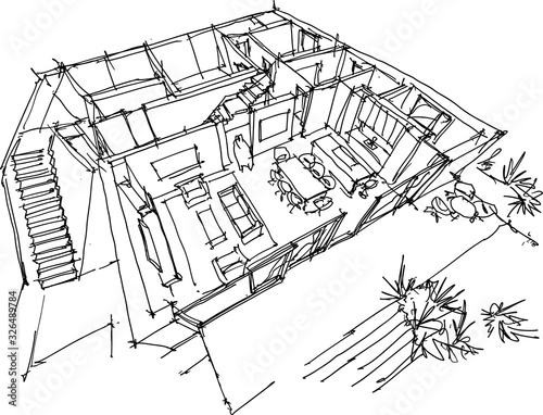 hand drawn sketch of Perspective cut away diagram of living room with kitchen and terrace in the ground floor of detached house 