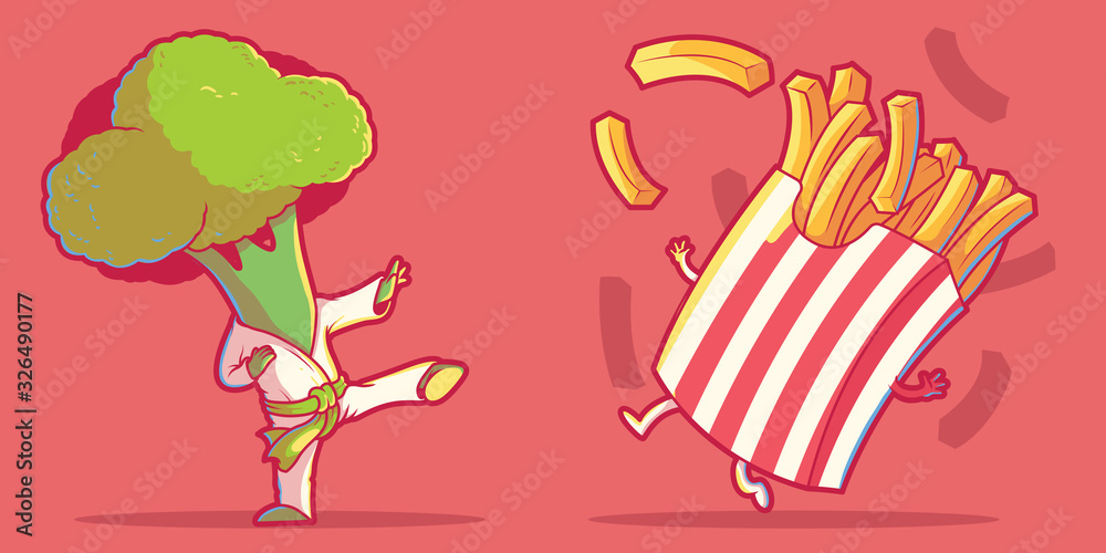 fries and broccoli character vector illustration. Food, healthy, diet design concept