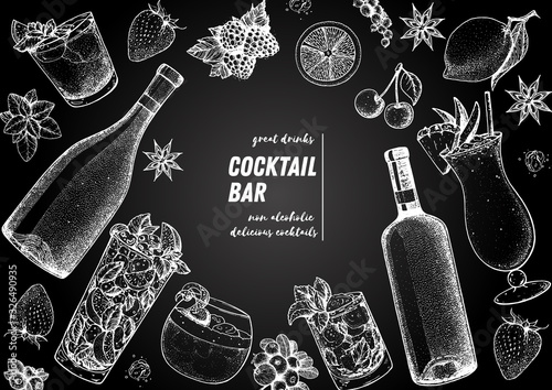 Alcoholic cocktails hand drawn vector illustration. Cocktails sketch set. Engraved style. Alcoholic drinks in glasses and bottles.