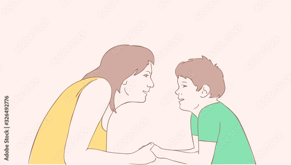 Vector illustration of a woman talking to a boy, mom holding her son's hand, cartoon design Vector illustration of a woman talking to a boy, mom holding her son's hand, cartoon design