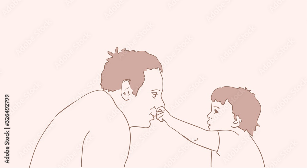 Vector illustration of a kid grabbed a man by the nose, dad and son play, cartoon design Vector illustration of a kid grabbed a man by the nose, dad and son play, cartoon design