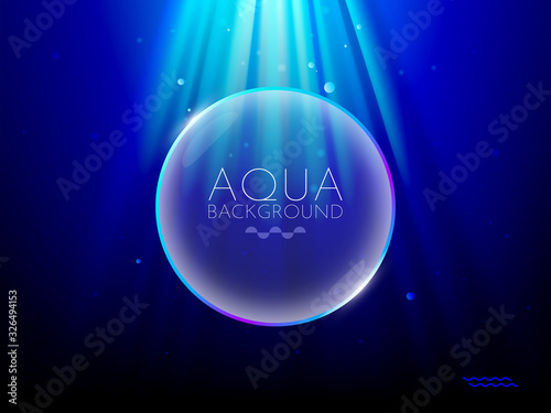 Underwater background, water surface, ocean, sea, swimming pool transparent aqua texture with waves, ripples and sun rays falling to bottom, template for advertising. Realistic 3d vector illustration
