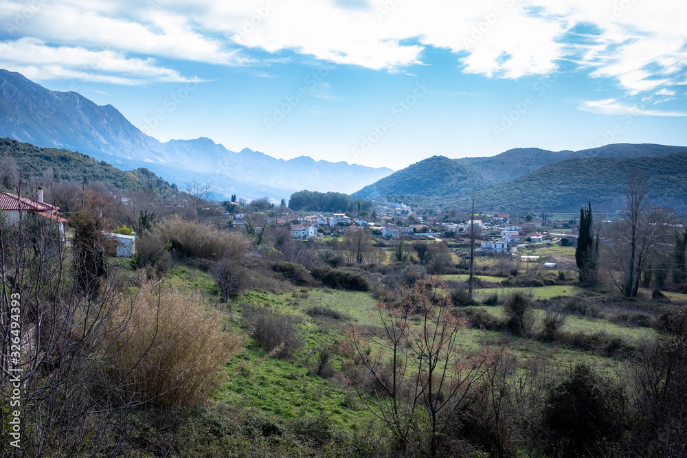 View on the mountain village. Scenic view to small village in mountains, Epirus Greece.