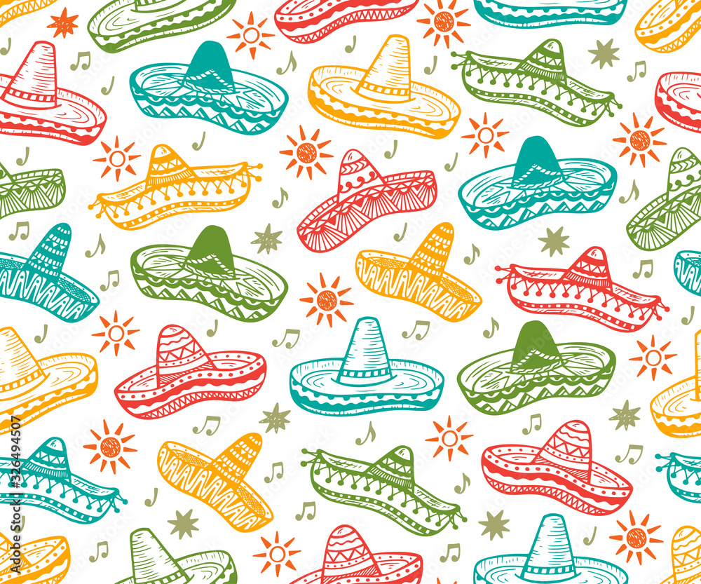 Colorful Mexican Seamless patterns. Mexico Vector background. Hand drawn doodle Mexican Sombrero, Sun, musical notes