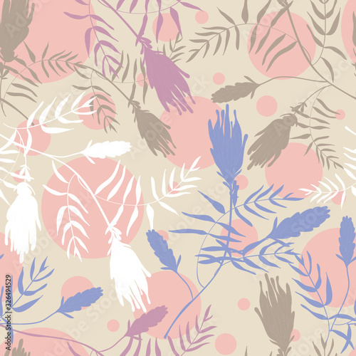 Botanical abstract seamless pattern. Modern creative vector texture. Wild plant color silhouettes on polka dots geometric background. Hand drawing illustration for your design. Good for fashion print