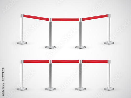 Red carpet vip entrance restriction vector, metallic poles with red ribbon to forbid passage, isolated on white background. Retractable belt stanchion for events, entertainments to keep the crowd away