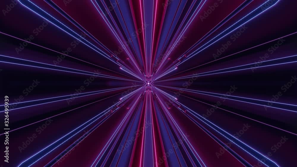 Sci-fi tunnel transformer with neon lights. 4k looped abstract high-tech tunnel. Camera flies through tunnel. Background in the style of cyberpunk or high-tech future. Blue purple 5