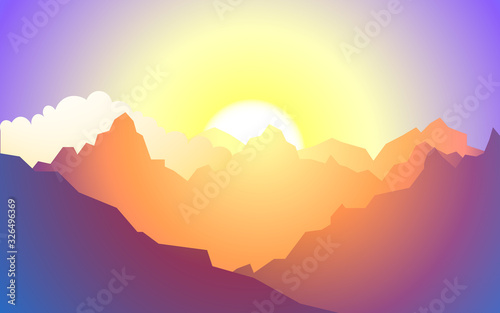 Vector landscape with silhouettes of blue mountains with fog  clouds and warm sunlight. Sunrise  sunset at high altitude. Realistic background for mountaineers  nature holidays  hiking  rock climbing.