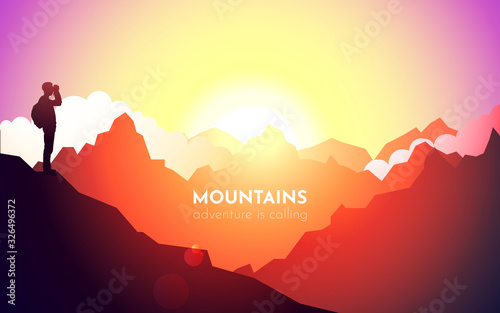 Tourist on top looks in binoculars. Explorer. Landscape with mountains and sun. Sunset. Sunset. Morning. Evening. Clouds and forest. Mountainous terrain. Abstract background. Vector illustration. 