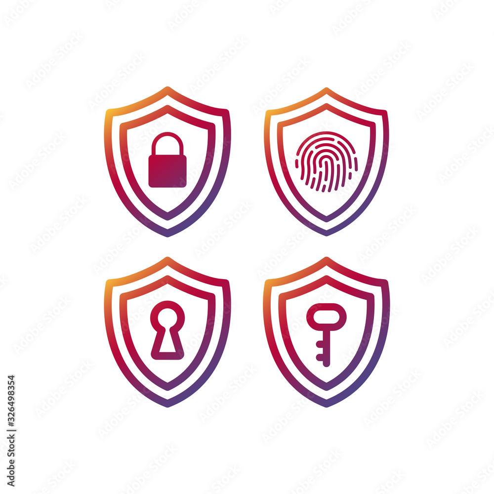 Shield with key, keyhole, fingerprint and padlock isolated vector icon. Security concept glyph symbol.