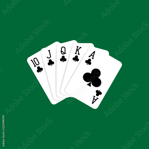 Royal flush hand of clubs, playing cards deck colorful illustration. Poker cards, jack, queen, king and ace vector.