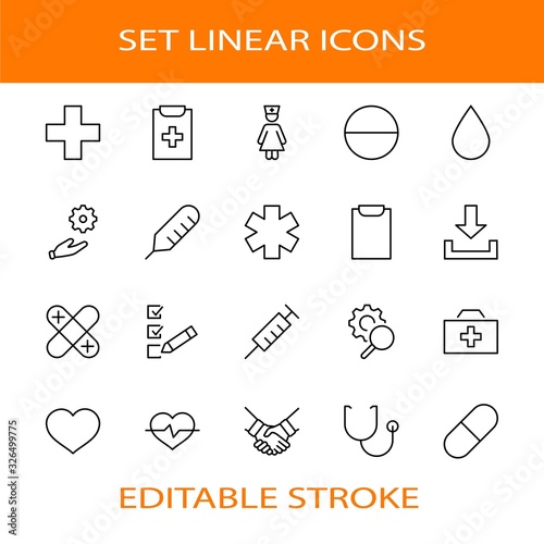 Set of Medicine vector line icons. It contains the first aid kit, nurse, syringe, thermometer, plastic, pills, heart, drop of blood, palpitation and much more. Editable Stroke. 32x32 pixels.