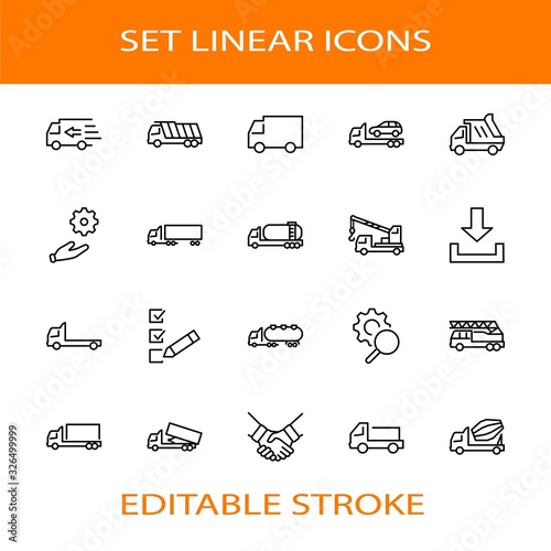 Truck Set of Transport Vector Line Icons. Contains such Icons as Truck, Transportation, Tow Truck, Cranes, Mixer, Garbage Truck, Manipulators, Delivery service and more. Editable Stroke. 32x32 Pixels