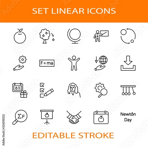 Newton's Day Set Line Vector Icon. Contains such Icons as Newton, Laws of physics and gravity, Flying Apple, Calendar, Teacher, blackboard and projector Editable Stroke. 32x32 Pixels