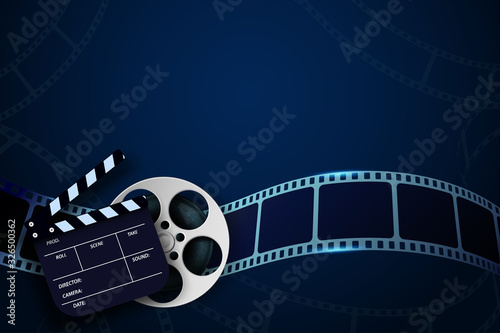 Cinema Film Strip wave, film reel and clapper board isolated on blue background. 3d movie flyer or poster with place for your text. Template design cinematography concept of film industry. Vector photo