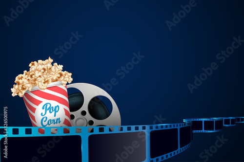 Film reel, popcorn, film strips in waveform. Modern cinema background. Design template can be used for advertising, brochure, ticket, poster, festival. Vector cinematography concept of film industry