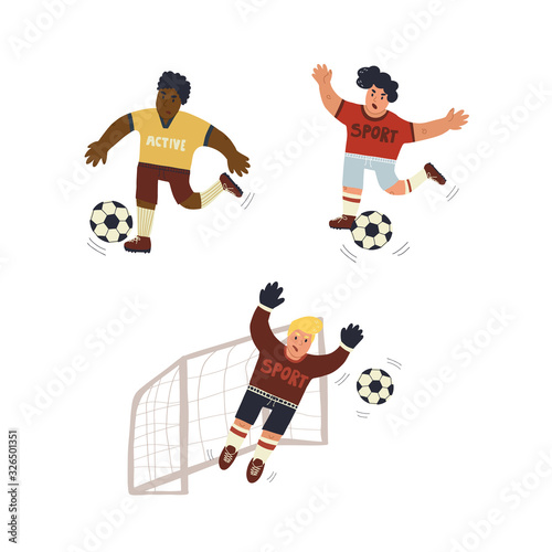 Fun set of 3 players - goalkeeper and forward or defender in boots and uniform in different poses runs to the ball and block it. Hand drawn vector isolated illustration.