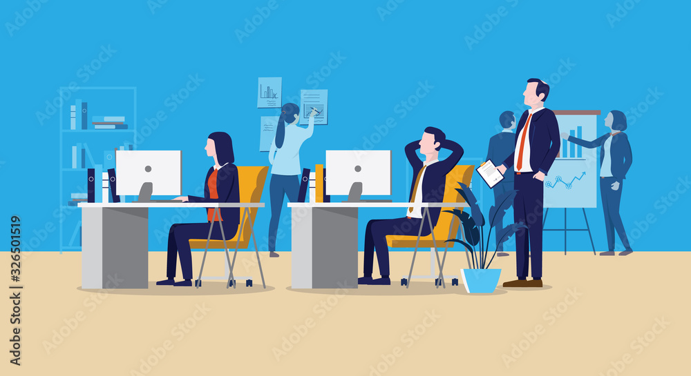 Office with people illustration - Workplace with characters, man, woman and manager running a business, agency or startup company. Vector.