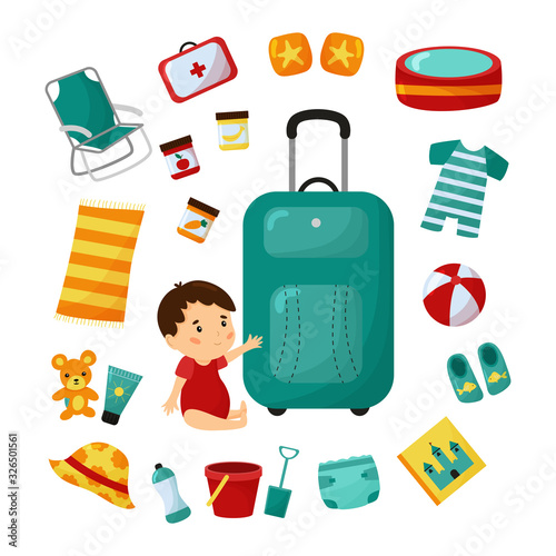 Travel suitcase with baby. Trip to beach with toddler. Checklist essentials. Cartoon character. Isolated on white background.