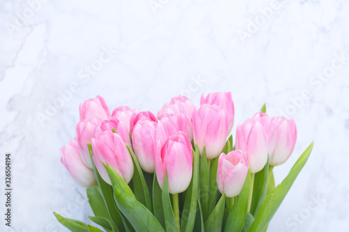 Fototapeta Naklejka Na Ścianę i Meble -  Pink tulips on white marble background.Easter,spring flower concept,copy space.Mothers or Womans day.