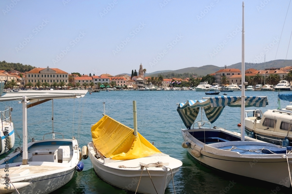 Small boat in Vela Luka, town on island Korcula, Croatia. Selective focus.