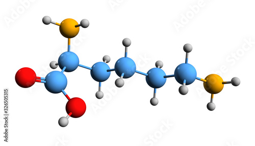 3D image of lysine skeletal formula - molecular chemical structure of amino acid isolated on white background photo