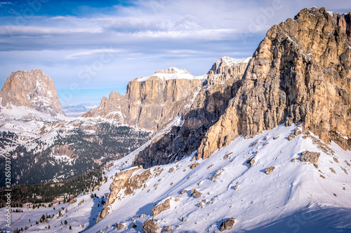 View of Dolomites Mountains in Italy. Ski area Belvedere. Canazei, Italy © Alexey Oblov
