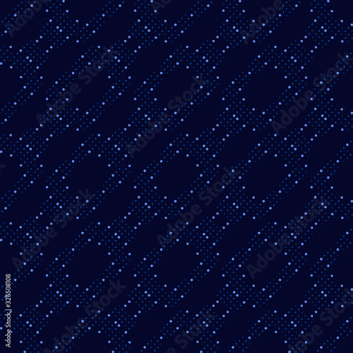 Futuristic seamless dark blue background with geometric patterns in the form of ellipses, cyan dots with a glow effect. Unusual pixels design for fabric, wallpaper, packing, web, poster, decor, card