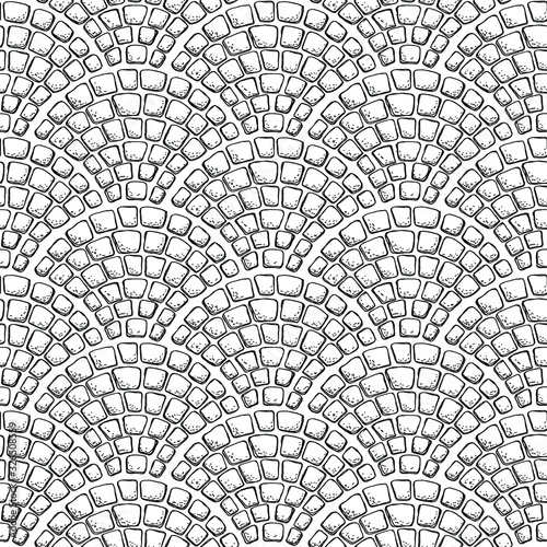 Seamless stonework pattern/ Black and white stone wall texture/ Cobblestone pavement background/ Hand drawn vector illustration photo
