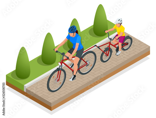 Trailer cycle or Bicycle attachment. Co-pilot bicycle mother and young son bicycling together on a tandem bike in the summer. Front view