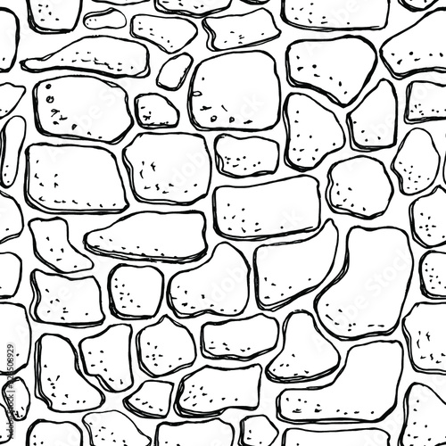 Seamless stonework pattern/ Black and white stone wall texture/ Cobblestone pavement background/ Hand drawn vector illustration