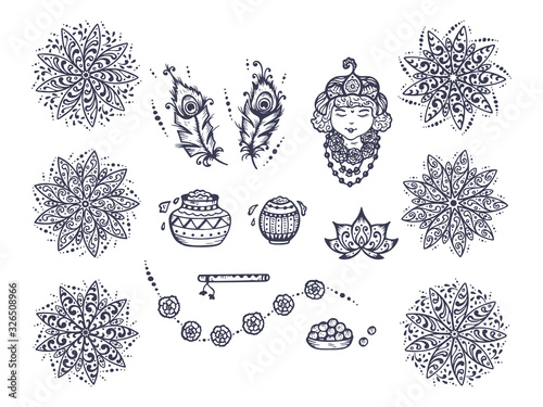Vector Greeting Card Template for Indian fest Shri Krishna Janmashthami. Indian Holiday Symbols Set: Pots of Yoghurt, Baby Krishna portrait, Peacock Feathers, Flute, Flowers, Mandala patterns