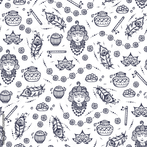 Vector Seamless pattern for Indian fest Shri Krishna Janmashthami. Background with Indian Holiday Symbols: Pots of Yoghurt, Baby Krishna portrait, Peacock Feathers, Flute, Flowers