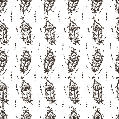 Hand Drawn doodle Peacock Feathers Seamless Pattern