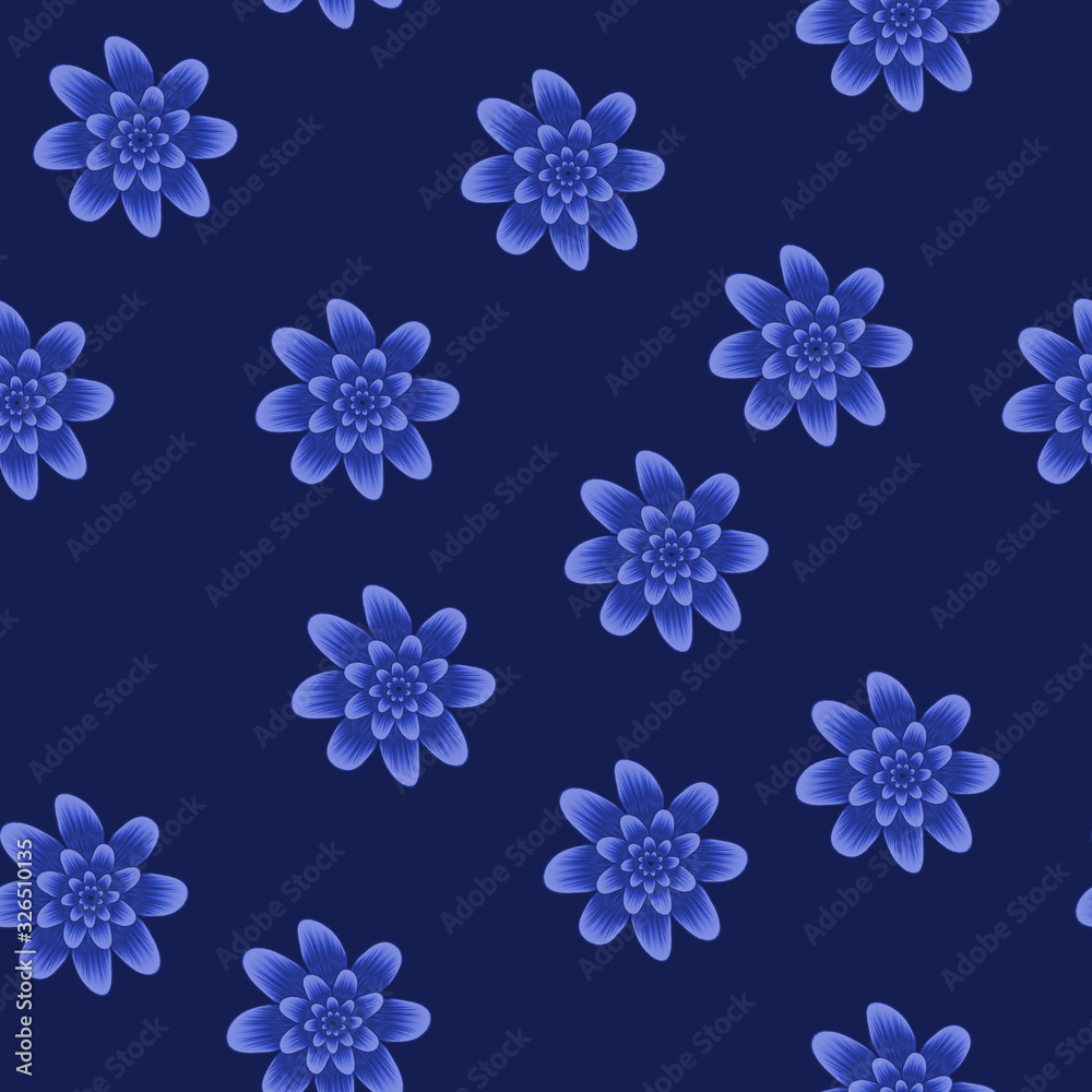 Seamless repeat pattern with blue flowers on deep blue background. For drawn fabric, gift wrap, wall art design Seamless repeat pattern with blue flowers on deep blue background. For drawn fabric, gift wrap, wall art design