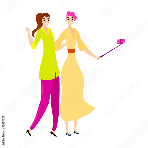 Vector illustration isolated on white cartoon flat girls takes photo selfy by smartphone