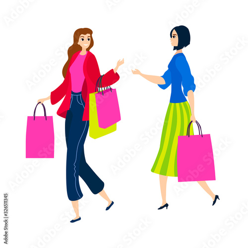 Vector illustration isolated on white cartoon flat girls go shopping friends or lesbians with bags © sedegovaalena