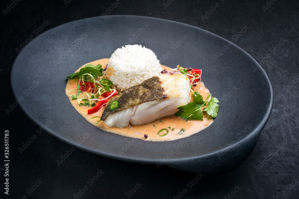 Gebratenes Fisch Filet vom Skrei Kabeljau in Thai Fisch Curry mit ...