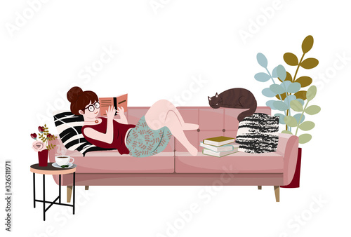 Young woman is reading book, lying on sofa with her cat. Funny girl spending time with her pet. Cute lady relaxing at home. Book lovers, readers, literature fans. Flat cartoon vector illustration