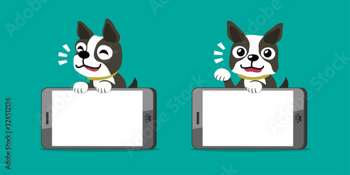 Cartoon character boston terrier dog and smartphones for design.