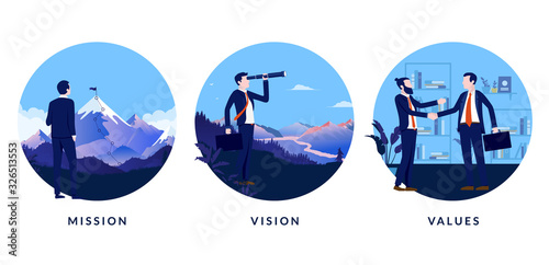 Business mission, vision and values. A set of images to use in presentation or website stating our mission, our vision and our values. Vector illustration. photo