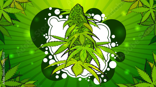 Green bright illustration with a cannabis flower in cartoon style. Background with leaves and a cannabis flower with abstract figures in graffiti style
