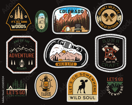 Vintage camp patches logos, mountain badges set. Hand drawn stickers designs. Travel expedition, backpacking labels. Outdoor hiking emblems. Logotypes collection. Stock vector.