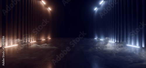 Smoke Led Orange Classic Blue Glowing Hallway garage Underground Tunnel Corridor Concrete Reflective Dark Empty Showroom Cyber Spotlights 3D Rendering
