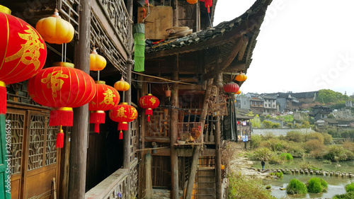 view of chinese ethnic village, red festive lights