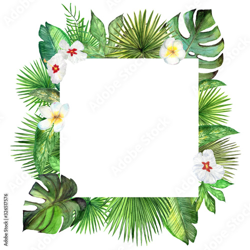 Watercolor tropical plant leaves and exotic flowers square frame, border, template.