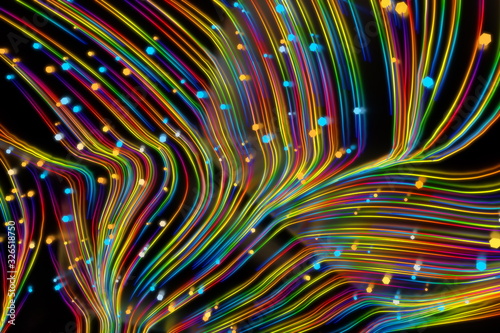 Neon glowing twisted cosmic lines on the glossy surface. Turbulence curls flow colorful motion. Fluid and smooth astronomy vortex swirl structure. 3d rendering Abstract creative modern background