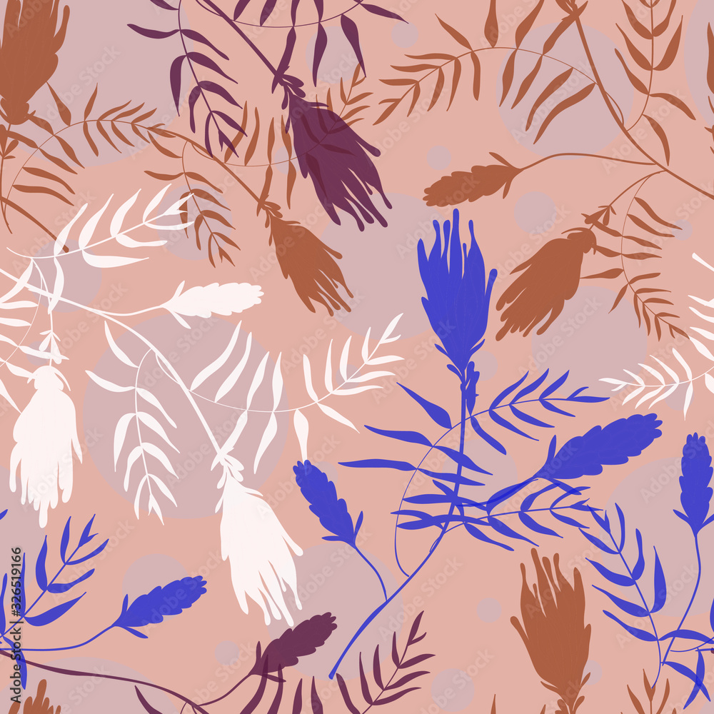 Obraz premium Botanical abstract seamless pattern. Modern creative vector texture. Wild plant color silhouettes on polka dots pink background. Hand drawing illustration for your design. Good for fashion print
